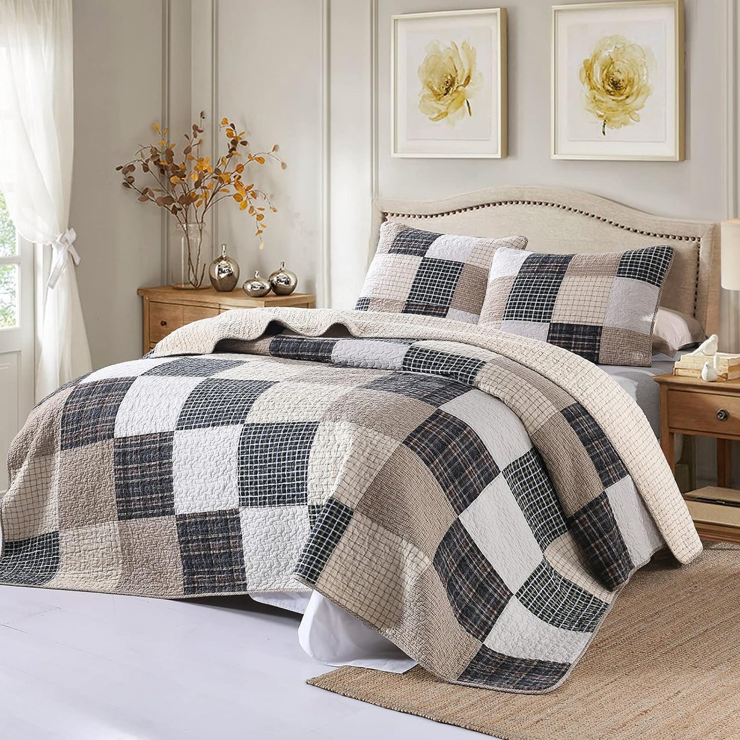 Quilt 100% Cotton King Size Quilt Set, Brown Khaki Black White Patchwork Plaid Bedspread, Lightweight Reversible Soft Summer Quilt Bedding Set, 3-Pieces