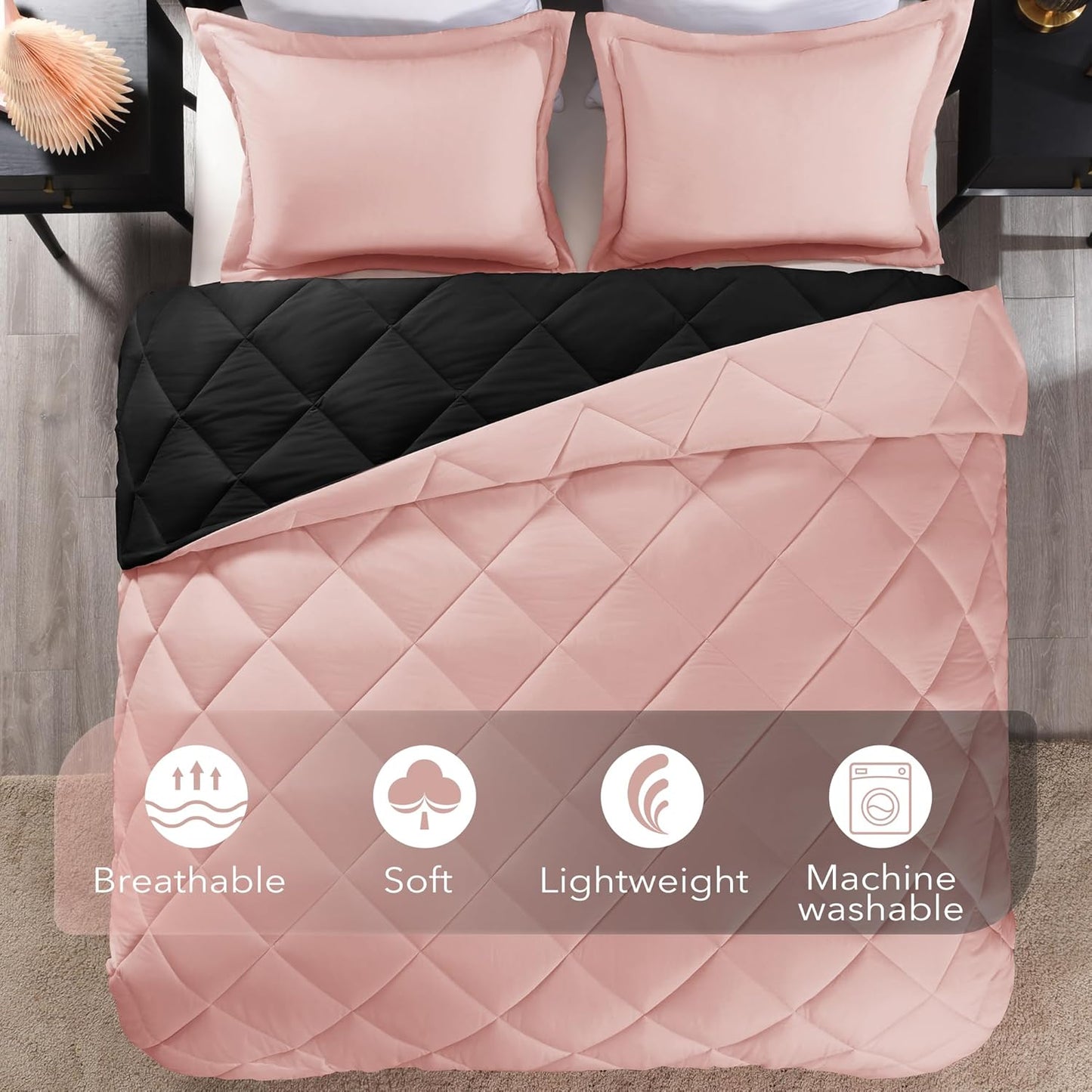 Twin Comforter Set - Pink and Black Twin Comforter, Soft Bedding Sets for All Seasons -2 Pieces - 1 Comforter (66"X92") and 1 Pillow Sham(20"X26")