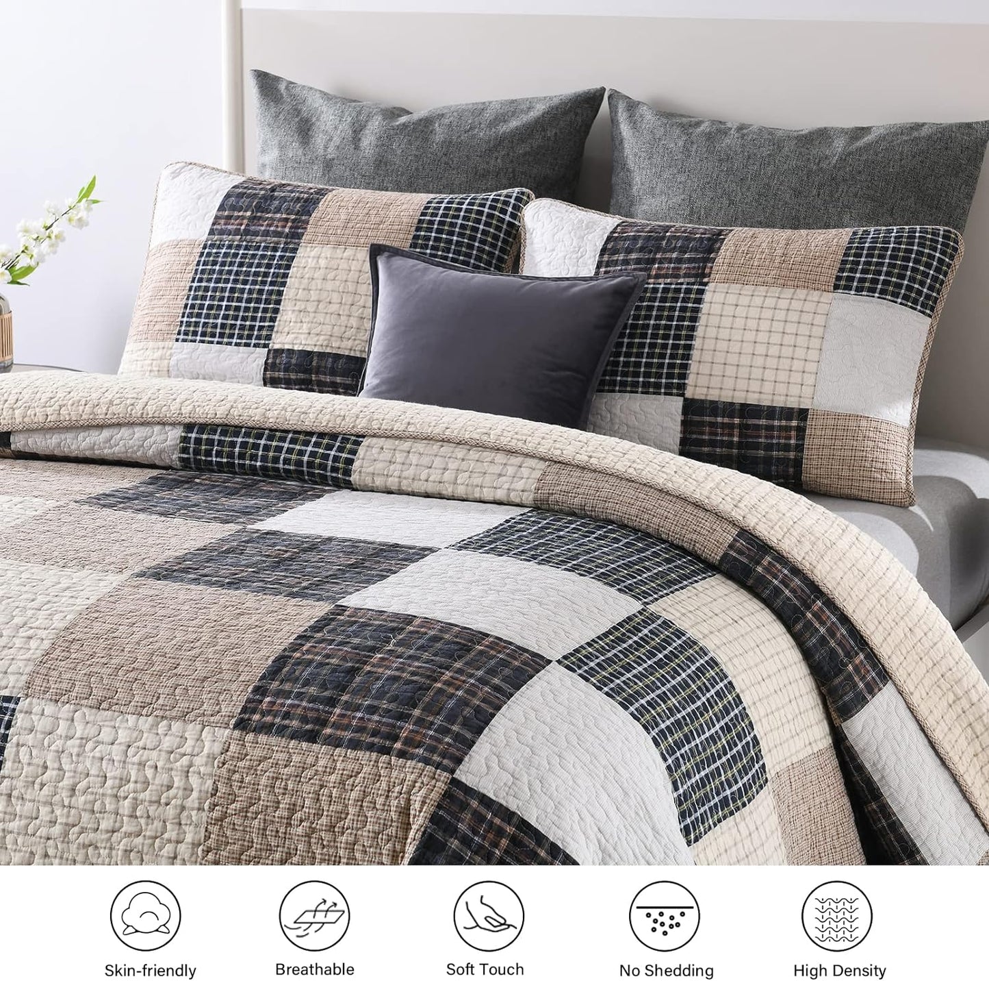 Quilt 100% Cotton King Size Quilt Set, Brown Khaki Black White Patchwork Plaid Bedspread, Lightweight Reversible Soft Summer Quilt Bedding Set, 3-Pieces