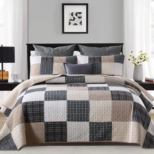 Quilt 100% Cotton King Size Quilt Set, Brown Khaki Black White Patchwork Plaid Bedspread, Lightweight Reversible Soft Summer Quilt Bedding Set, 3-Pieces